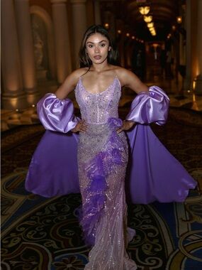 Lavender Beaded Gown with Dramatic Cape Sleeves